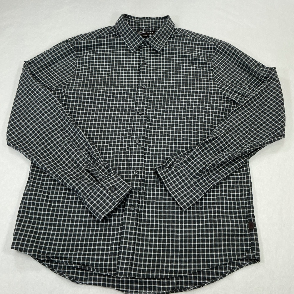Michael Kors Mens Classic Fit Button Down Shirt Grey White Grid Cotton Large